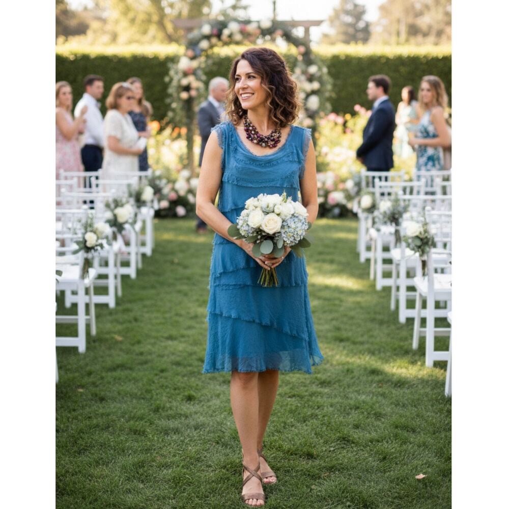 NWT Meo Meli Boho Blue Chiffon Layered Ruffle Tier Pullover Sleeveless‎ Dress M